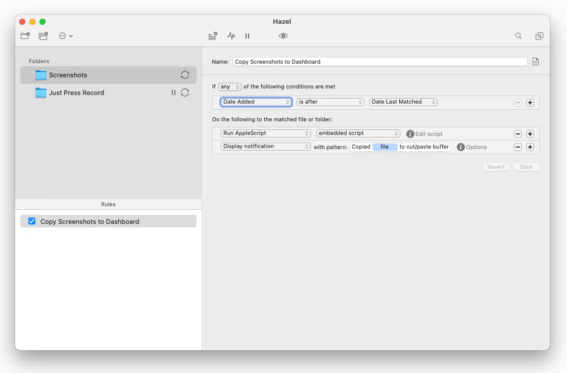 The Hazel rule for copying screenshots to the clipboard